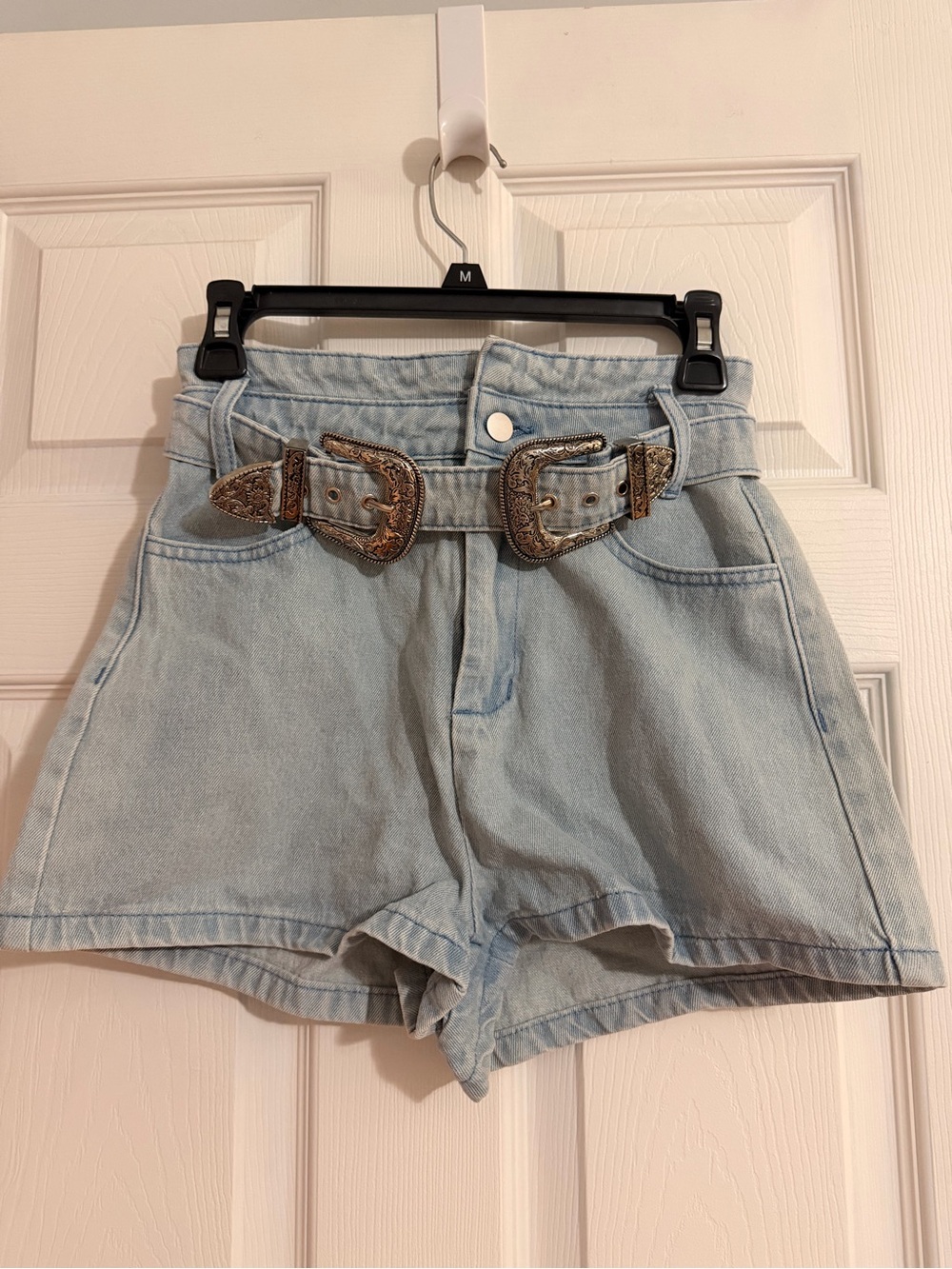 Le Lis Light Blue High Waist Denim Shorts with Decorative Buckle